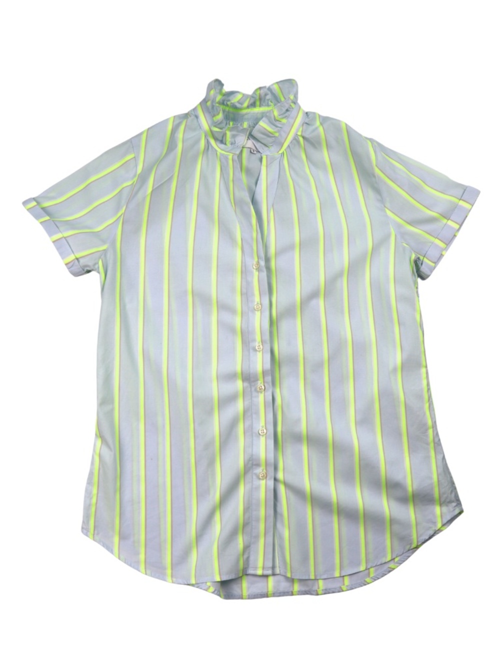 The Shirt Rochelle Behrens Small Blue Neon Yellow Stripe Ruffle Collar Blouse